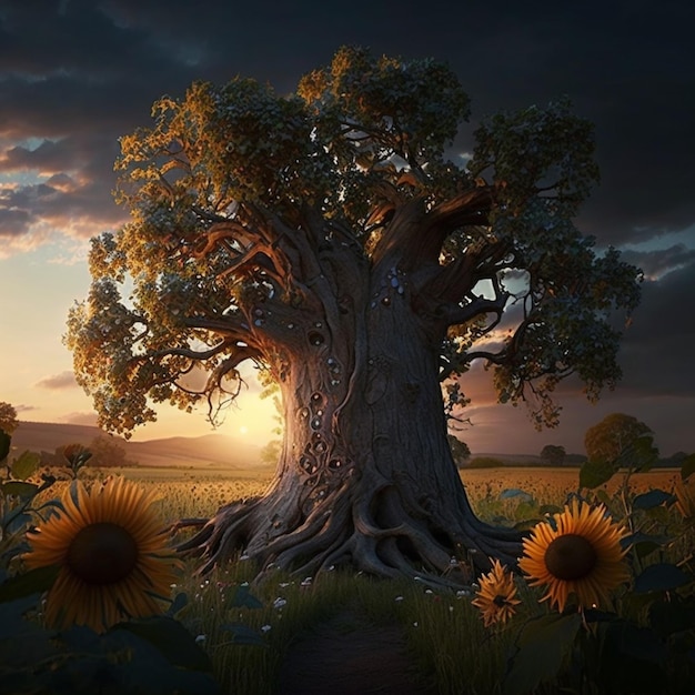 Un grand arbre avec des tournesols et un ciel nuageux