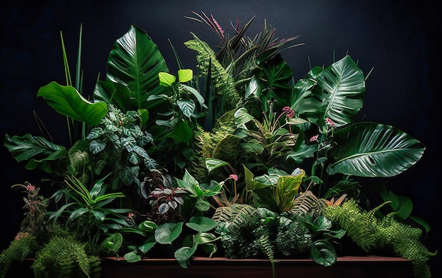 Un grand arrangement de plantes tropicales est illustré