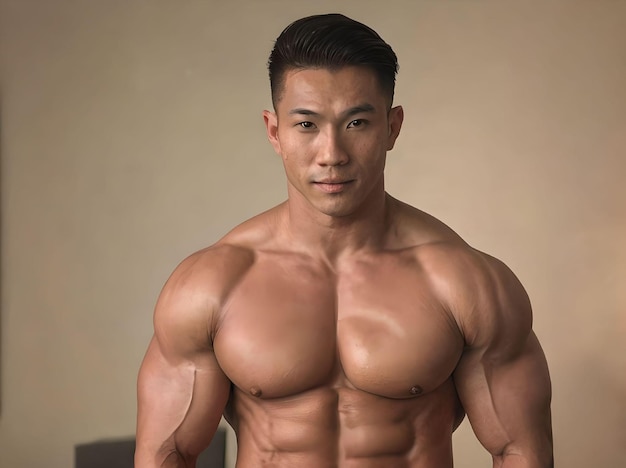 Un grand asiatique musclé regardant la caméra sans chemise avec un portrait sur le fond du mur