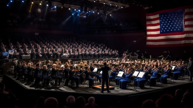 Un grand auditorium avec un grand orchestre sur scène avec un grand drapeau américain derrière.