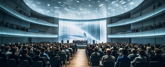 Un grand auditorium avec une grande scène et un grand écran qui dit "schloss" dessus