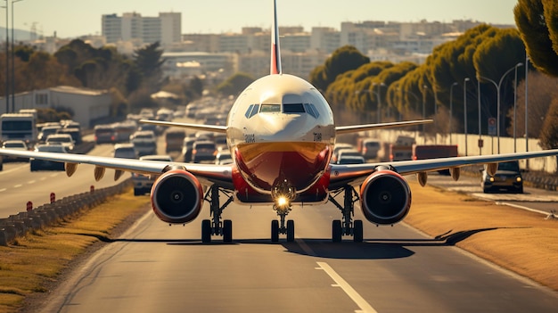 Photo un grand avion est sur la piste et décolle.