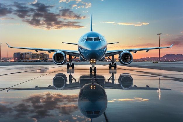 Un grand avion de ligne assis au sommet d'un tarmac d'aéroport au coucher du soleil