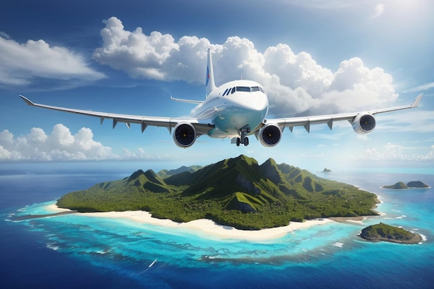 Un grand avion de ligne survole une île tropicale paradisiaque