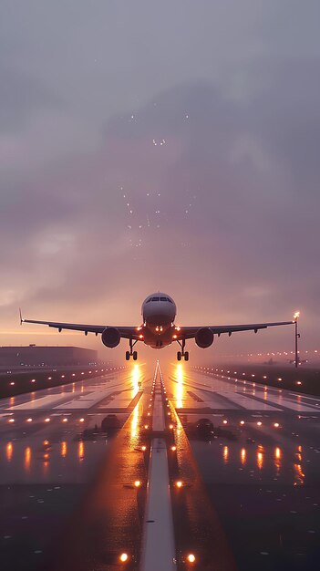 Un grand avion de ligne volant sur une piste la nuit avec les lumières allumées