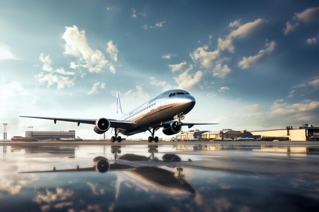 Un grand avion de passagers atterrit sur la piste Concept de tourisme et de voyage