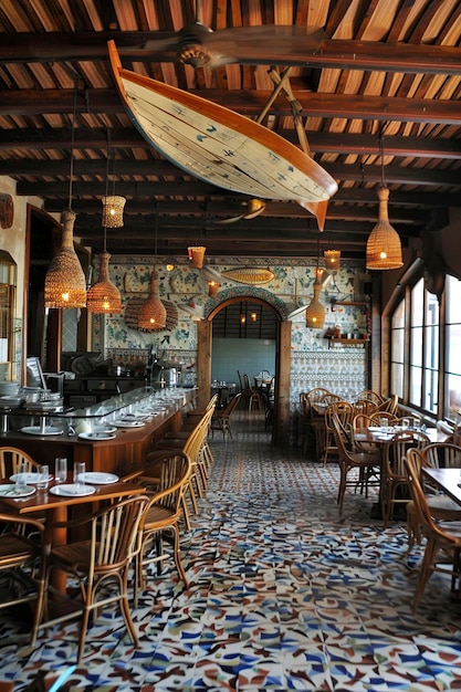 Photo un grand bateau en bois suspendu dans un restaurant