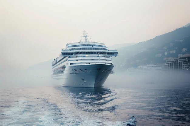 Photo un grand bateau de croisière dans une mer brumeuse.