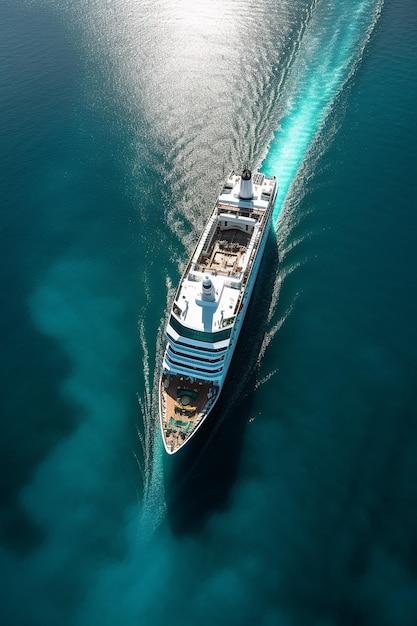 Un grand bateau de croisière navigue dans un plan d'eau.