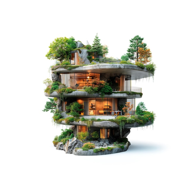 Un grand bâtiment avec des arbres au sommet