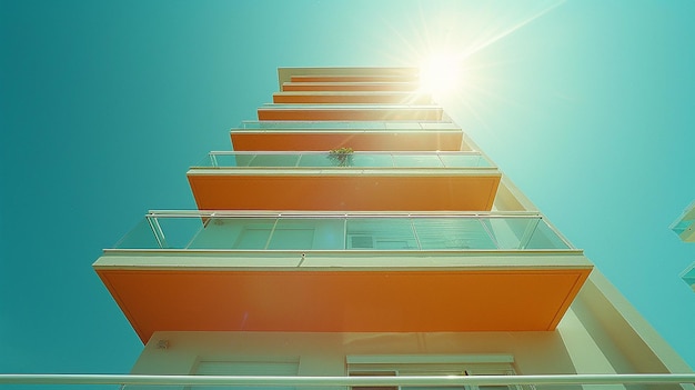 Photo un grand bâtiment avec un balcon et le soleil qui brille à travers lui