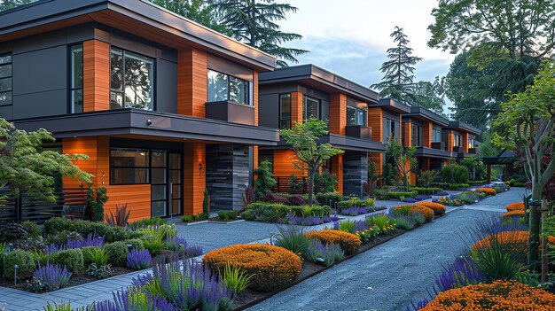 un grand bâtiment avec beaucoup de fenêtres et de fleurs devant lui