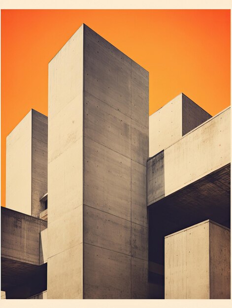 Photo un grand bâtiment en béton avec un ciel orange derrière lui