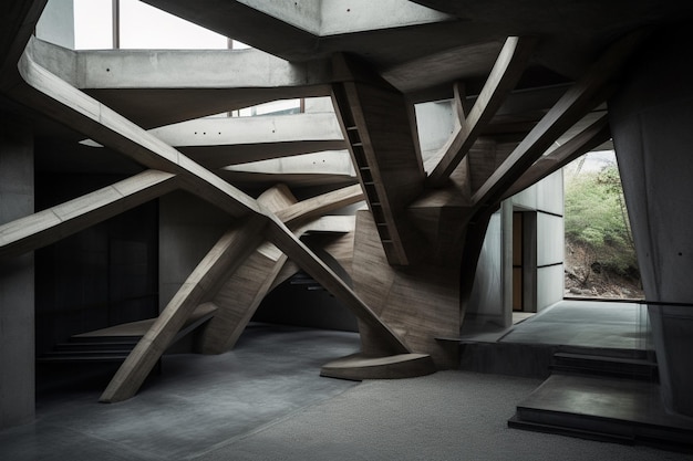 Un grand bâtiment en béton avec un escalier qui a un grand nombre de marches et un escalier qui a un grand nombre de marches.