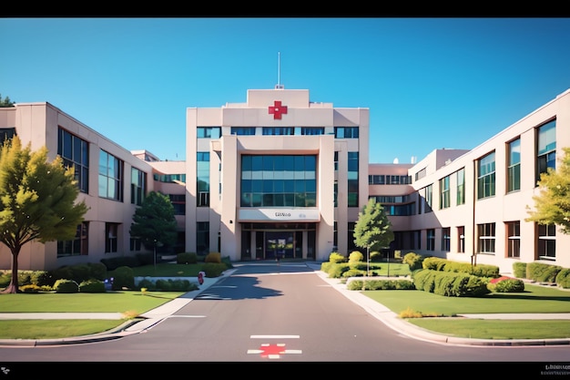 Un grand bâtiment avec une croix rouge sur le devant