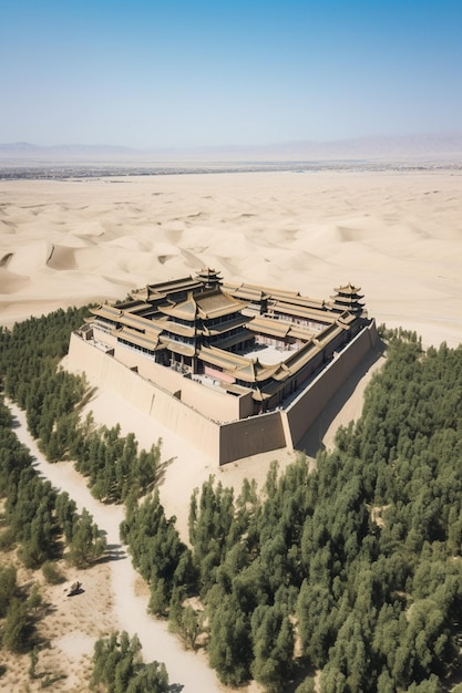 Un grand bâtiment dans le désert avec une grande tour au milieu.