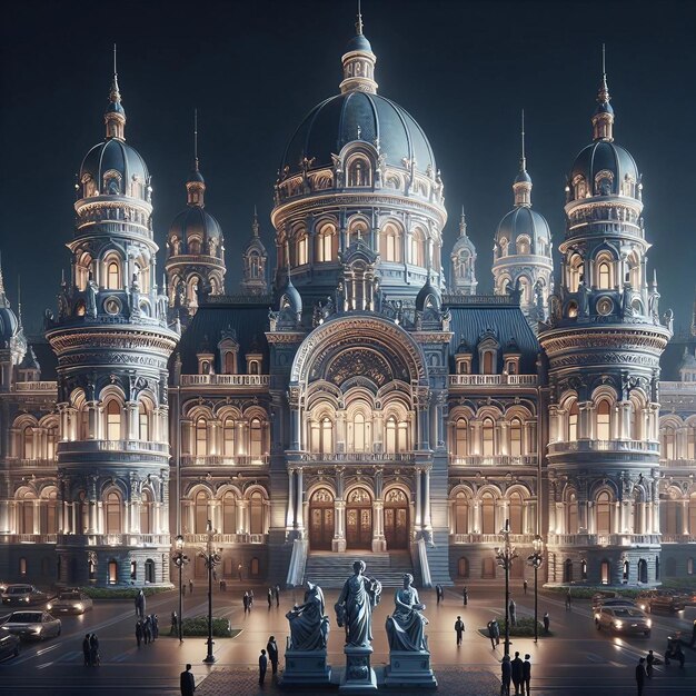 Photo un grand bâtiment avec un dôme bleu au sommet et le mot le nom du palais en bas