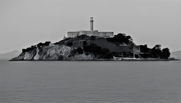 Photo un grand bâtiment est sur une colline surplombant l'océan