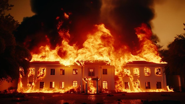 un grand bâtiment est en feu la nuit