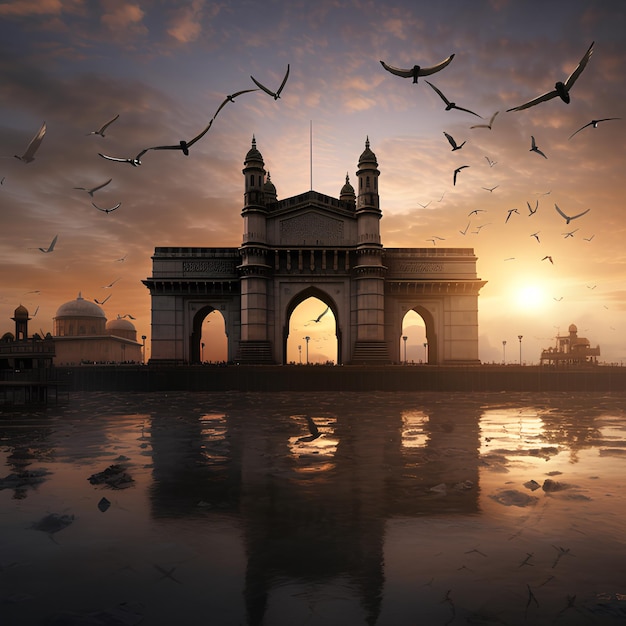 Un grand bâtiment avec une grande arche et des oiseaux volant dans le ciel avec la porte de l'Inde à l'arrière