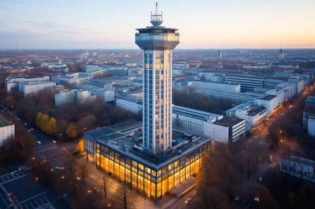 Photo un grand bâtiment avec une grande tour qui dit le haut