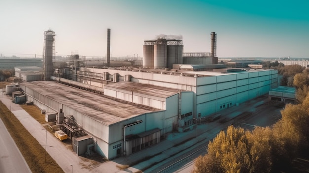 Un grand bâtiment industriel avec le mot usine au sommet.