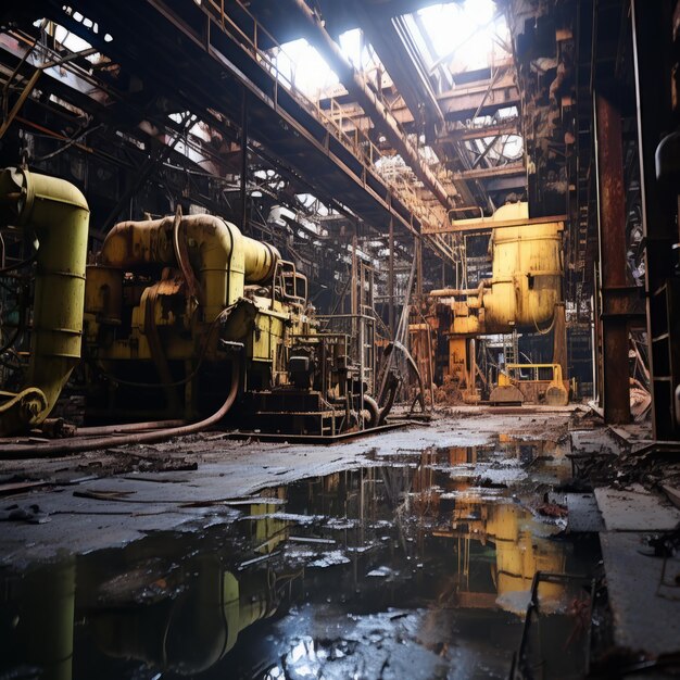 Grand bâtiment industriel avec des tuyaux jaunes et des passerelles