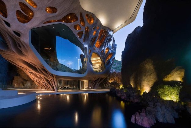 Un grand bâtiment avec une piscine devant et le mot « spa » sur le côté.