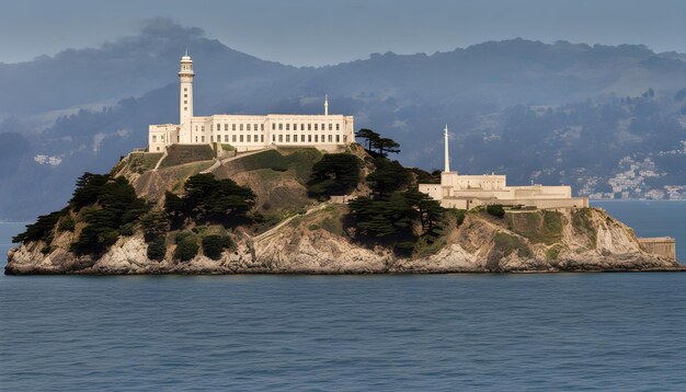 un grand bâtiment se trouve sur une colline surplombant l'océan