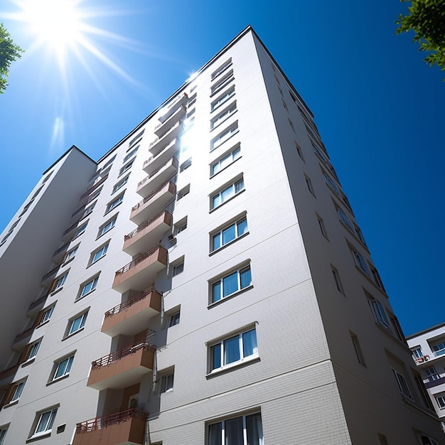 un grand bâtiment avec un soleil qui brille sur le côté.