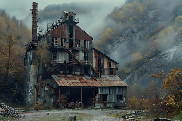 Un grand bâtiment avec un toit rouillé et un escalier d'incendie sur le côté de celui-ci dans les montagnes avec un brouillard