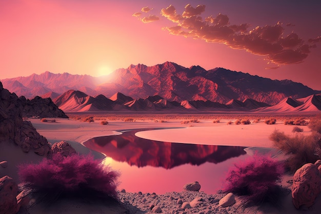 Grand beau coucher de soleil rose sur les montagnes du désert et le lac dans le désert