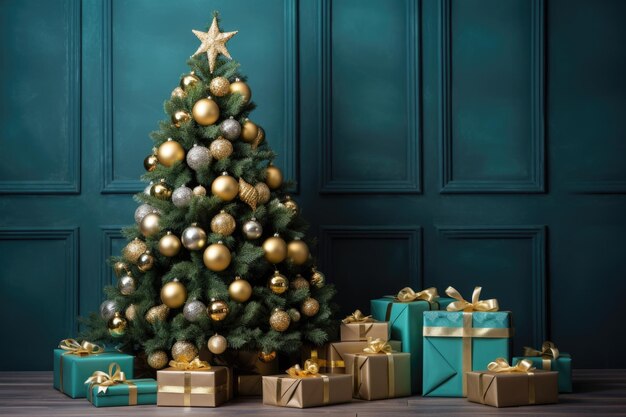 Grand et bel sapin de Noël décoré de coffrets cadeaux sous l'arbre, espace pour le texte IA générative