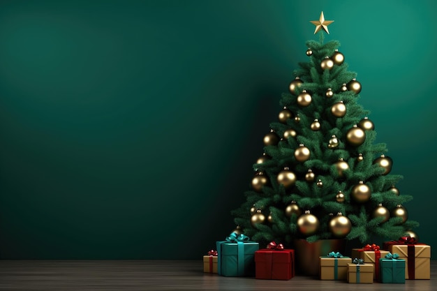 Grand et bel sapin de Noël décoré de coffrets cadeaux sous l'arbre, espace pour le texte IA générative