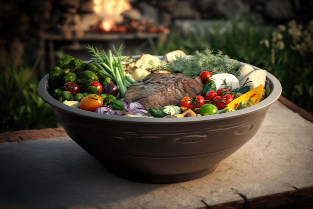 Grand bol appétissant avec des légumes et de la viande pour griller dans le gril d'arrière-cour
