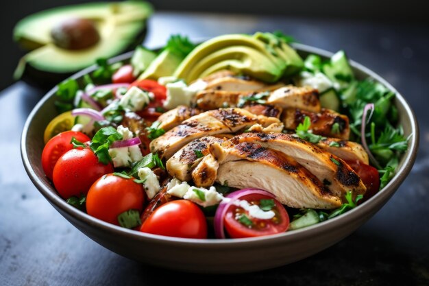 un grand bol en bois contenant de la salade de poulet sur une table