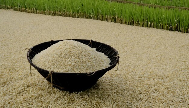 Un grand bol rempli de riz sur un champ