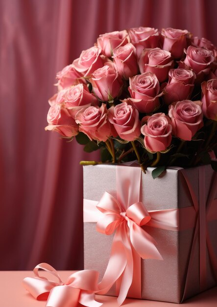 Un grand bouquet de roses sur un fond rose cadeau de la Saint-Valentin IA générative