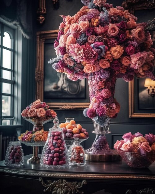 Un grand bouquet de roses roses et violettes est posé sur une table devant une image encadrée d'une peinture.