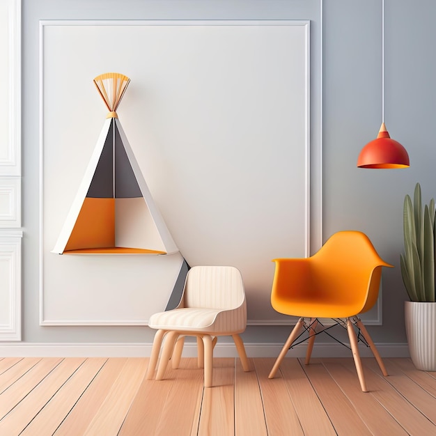 Grand cadre d'affiche photo blanc avec bord en bois dans un joli salon moderne pour enfants, tipi pour enfants