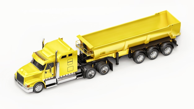 Grand camion américain jaune avec un camion à benne basculante de type remorque pour le transport de marchandises en vrac sur fond blanc. illustration 3D.