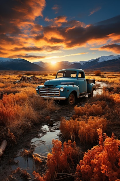 Le grand camion bleu qui conduisait le coucher de soleil et les montagnes en arrière-plan