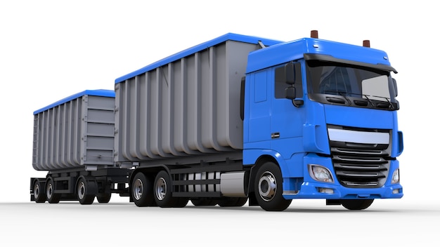 Grand camion bleu avec remorque séparée, pour le transport de matériaux et produits en vrac agricoles et de construction. rendu 3D.