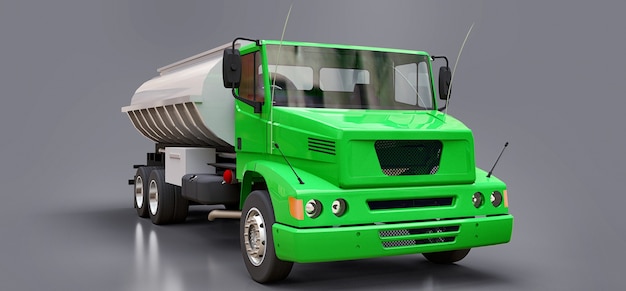 Grand camion-citerne vert avec une remorque en métal poli. Vues de tous les côtés. illustration 3D.