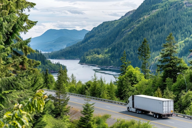 Un grand camion-container roule le long d'une autoroute dans les forêts luxuriantes tout en roulant le long de la Trans Canadian H