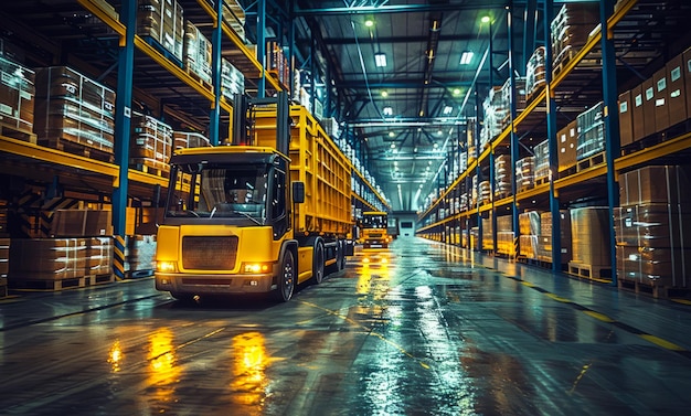 Photo un grand camion jaune passe par un entrepôt avec de hautes étagères et beaucoup de boîtes.