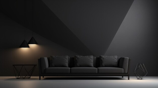 Un grand canapé noir est assis devant des lampes noires dans le style des arrière-plans minimalistes