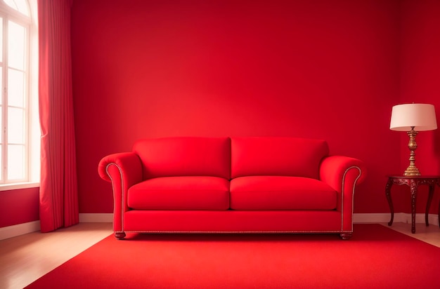 Grand canapé rouge dans la chambre rouge Intérieur lumineux dans l'appartement Generative AI