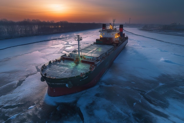 Un grand cargo sur une rivière gelée Image AI générative