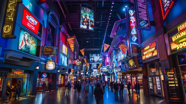 Un grand centre commercial intérieur avec une atmosphère colorée et lumineuse Les gens se promènent et font leurs courses